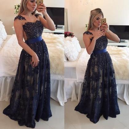 2016 Prom Dresses Arabic Dark Navy Blue Lace..