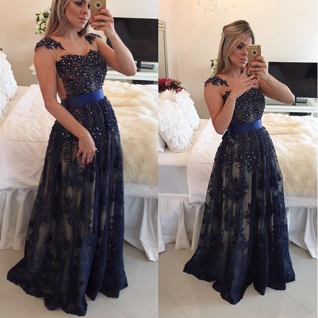 2016 Prom Dresses Arabic Dark Navy Blue Lace A-line Cap Sleeves Long Beaded Special Occasion Party Gowns Floor Length For Women