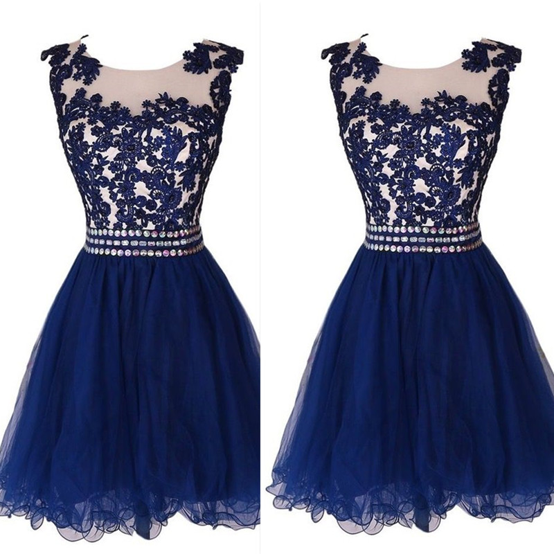 Navy Blue Short Prom Dresses 2016 Sheer Tulle Appliques Lace A-line ...